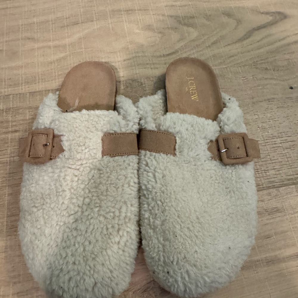 J. Crew Cream and Tan Fuzzy Slippers